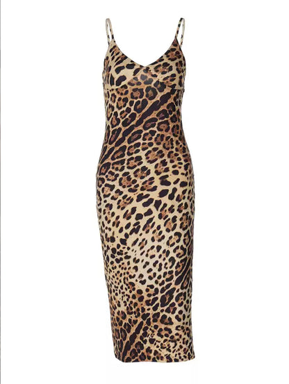 Long Dress Women Leopard Print - Elegant Summer Maxi Dress Sleeveless V-Neck, Slim Fit, Polyester