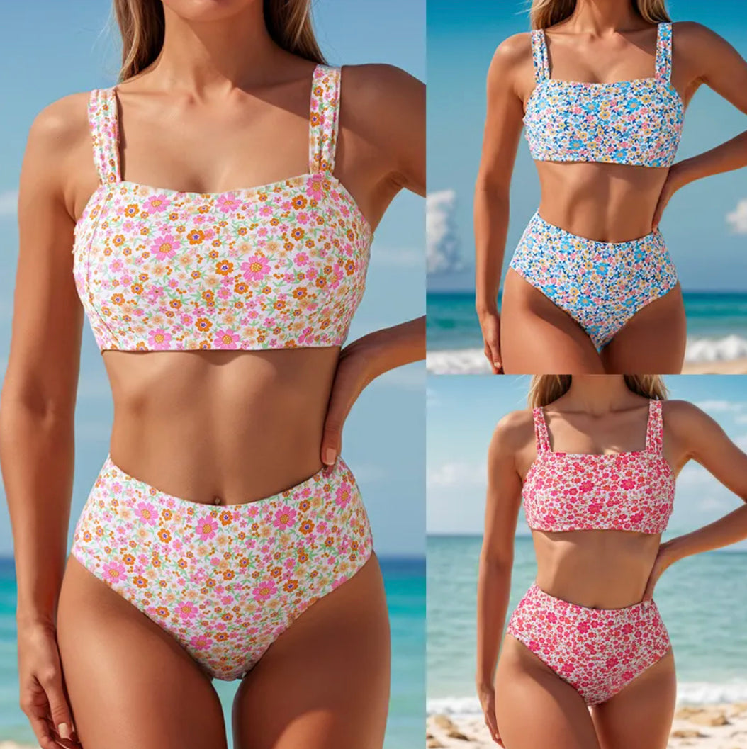 Bikini Taille Haute Femme Boho Blossom avec Motif Floral – Maillot de Bain Élégant et Confortable pour l'Été