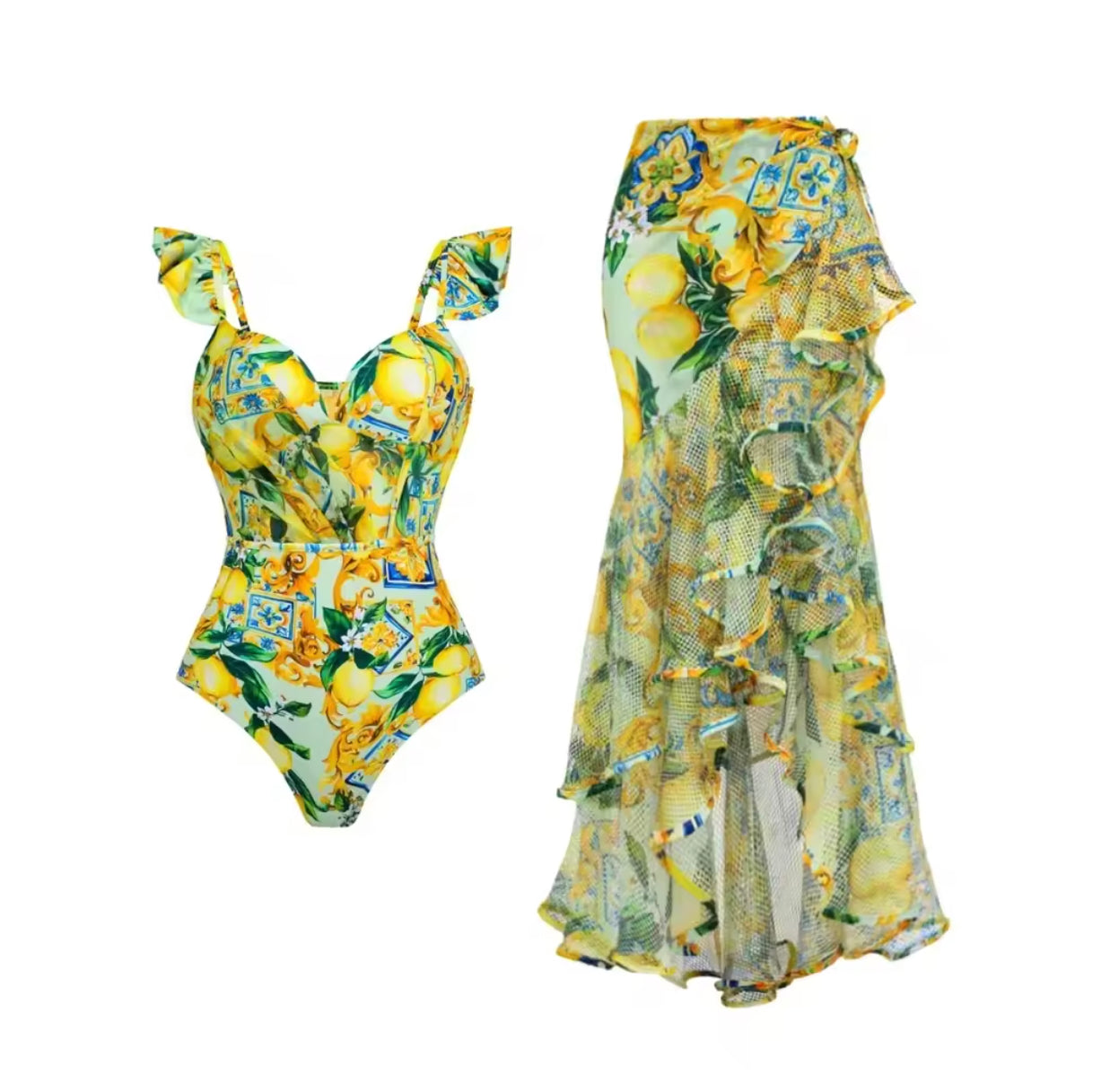 Women's Boho Blossom Swimsuit Set with Skirt and Lace Details – Floral and Elegant for Summer