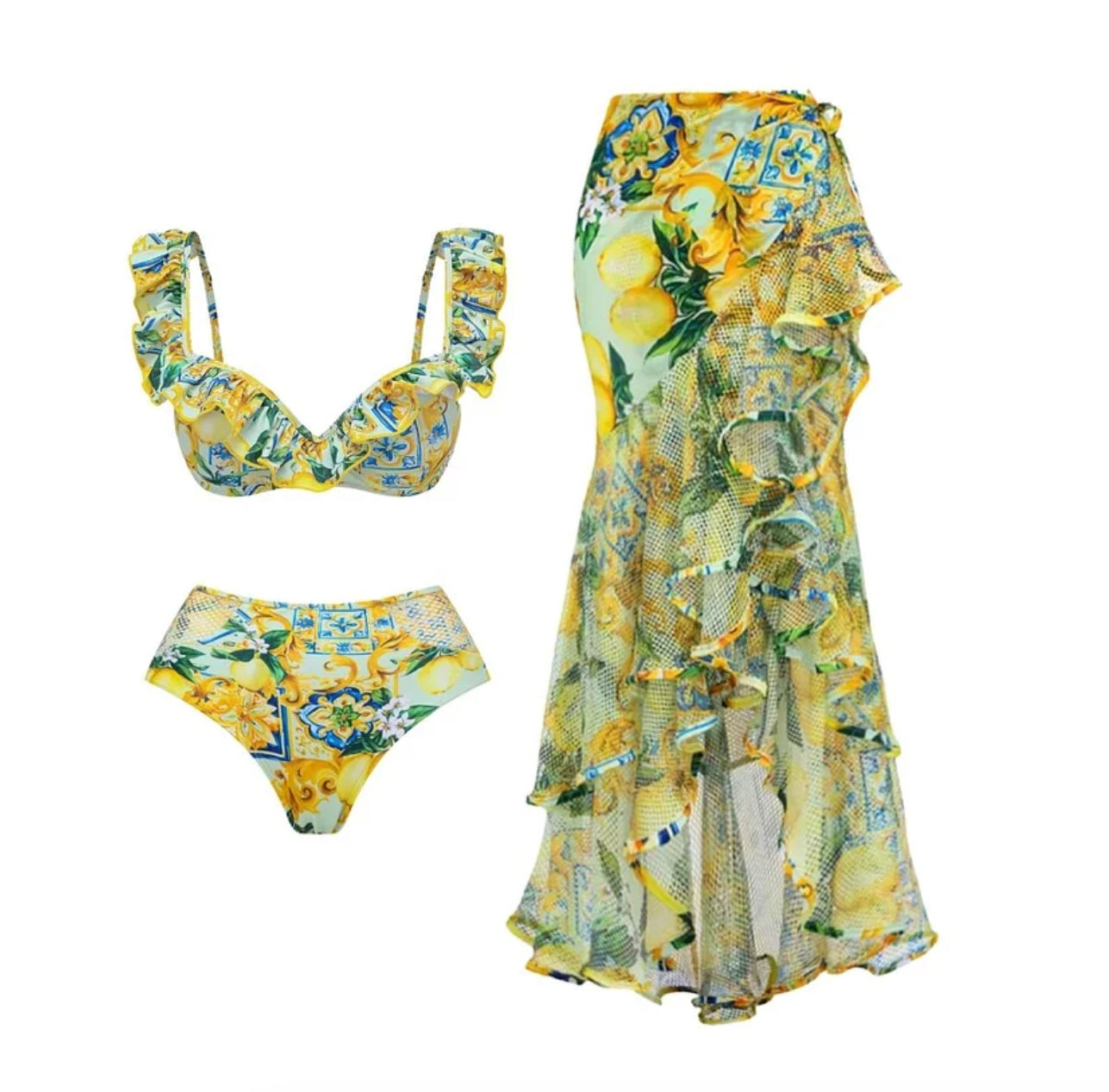 Women's Boho Blossom Swimsuit Set with Skirt and Lace Details – Floral and Elegant for Summer