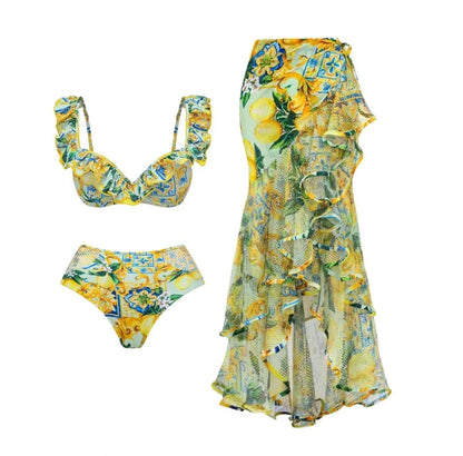 Women's Boho Blossom Swimsuit Set with Skirt and Lace Details – Floral and Elegant for Summer