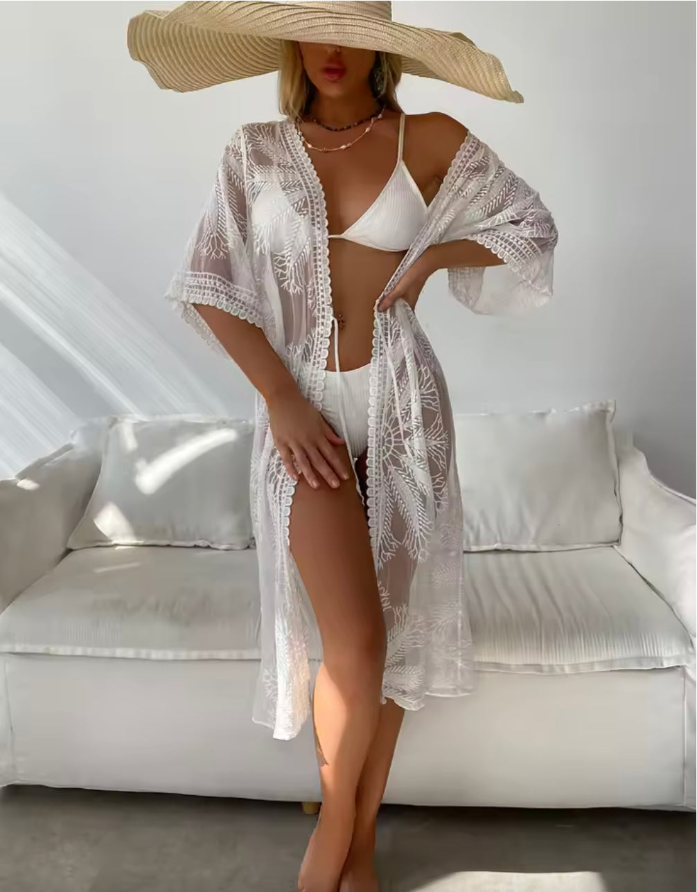 Cardigan Boho Chic Femme - Couverture Légère Brodée d'Été pour Plage avec Manches 3/4 et Ajustement Ample