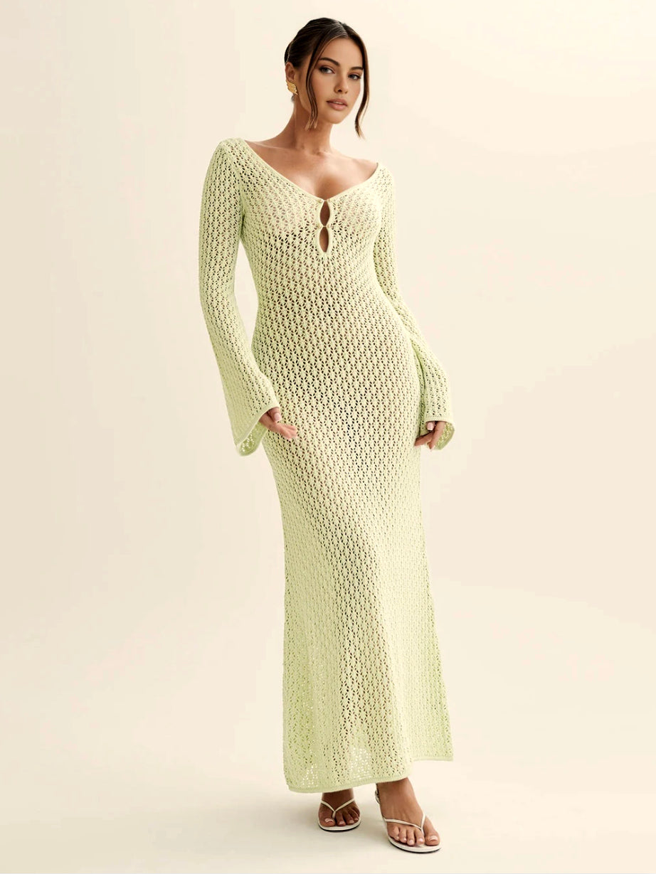 Robe de Soirée Longue Chic en Jersey avec Découpes Audacieuses et Col en V – Élégante et Sexy pour Femmes
