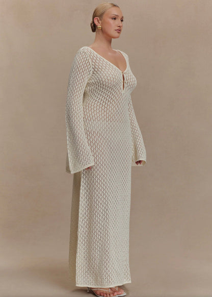 Long Chic Evening Dress in Jersey with Bold Cutouts and V-Neck – Elegant and Sexy for Women