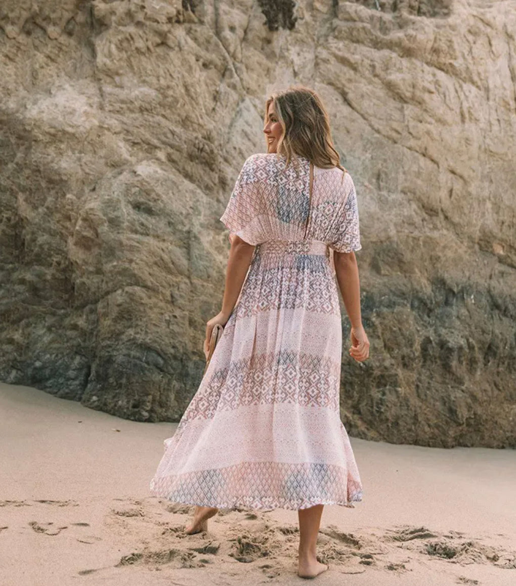Robe Longue Femme Boho Fleurie Asymétrique en Coton Mélangé – Robe Printemps Élégante et Confortable