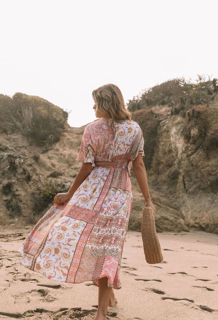 Robe Longue Femme Boho Fleurie Asymétrique en Coton Mélangé – Robe Printemps Élégante et Confortable