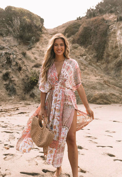 Long Women's Boho Floral Asymmetric Dress in Blended Cotton – Elegant and Comfortable Spring Dress