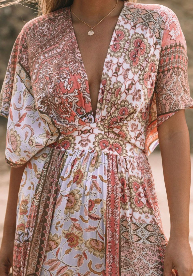 Long Women's Boho Floral Asymmetric Dress in Blended Cotton – Elegant and Comfortable Spring Dress