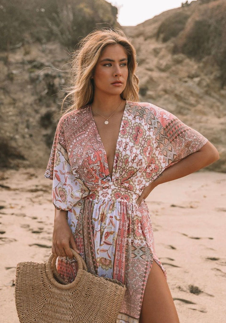 Long Women's Boho Floral Asymmetric Dress in Blended Cotton – Elegant and Comfortable Spring Dress