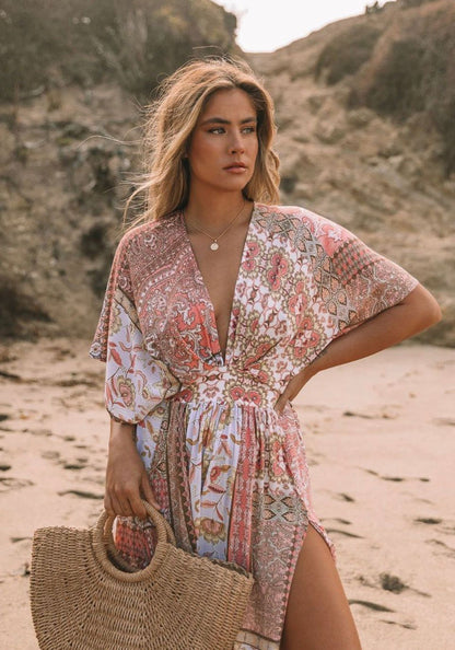 Long Women's Boho Floral Asymmetric Dress in Blended Cotton – Elegant and Comfortable Spring Dress