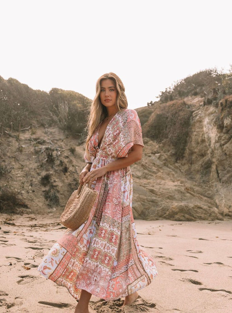 Long Women's Boho Floral Asymmetric Dress in Blended Cotton – Elegant and Comfortable Spring Dress