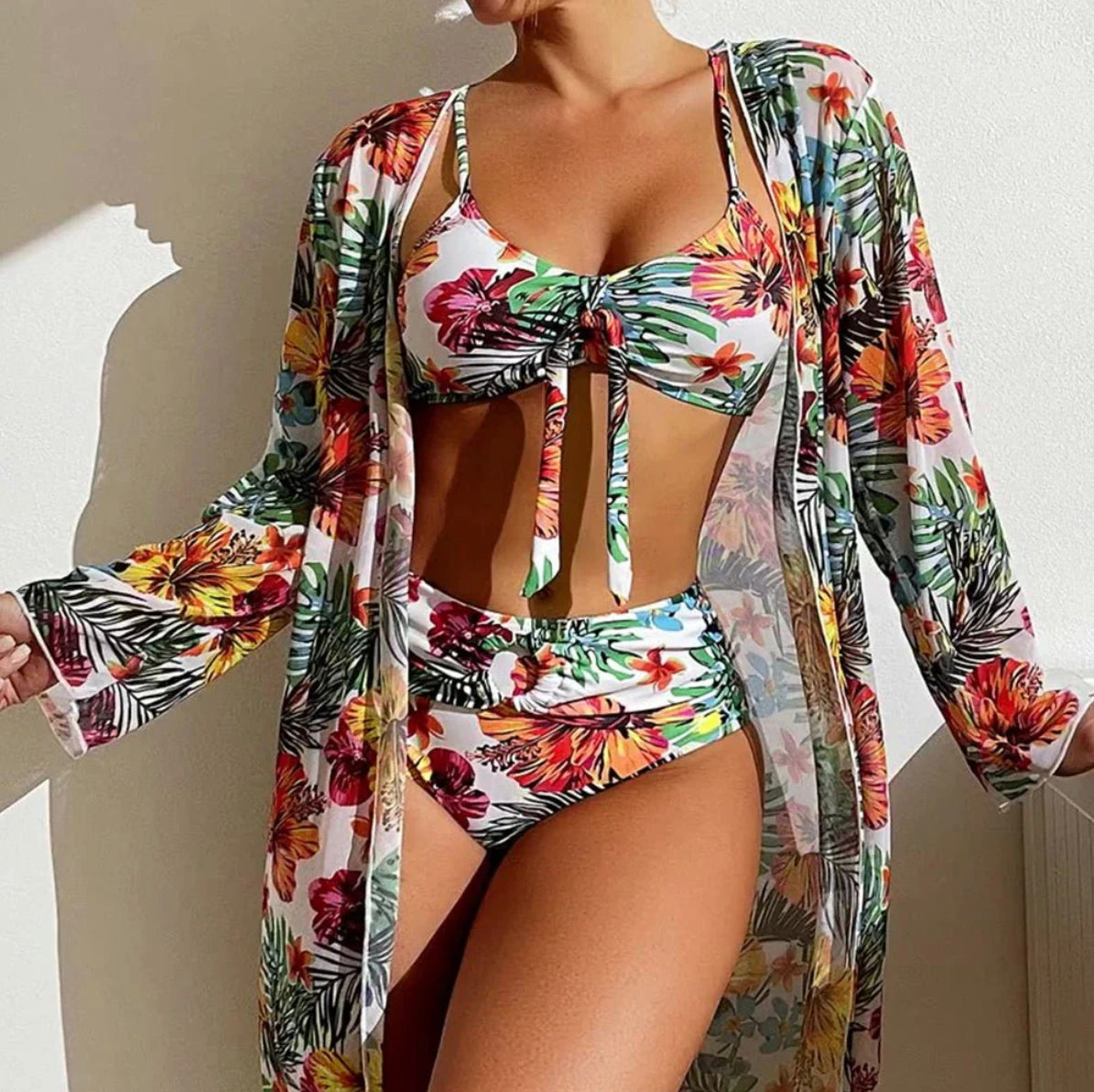 Maillot de Bain Femme Tropical à Découpe – Ensemble 3 Pièces Boho, Tissu Satiné, Col en V, Longueur Maxi