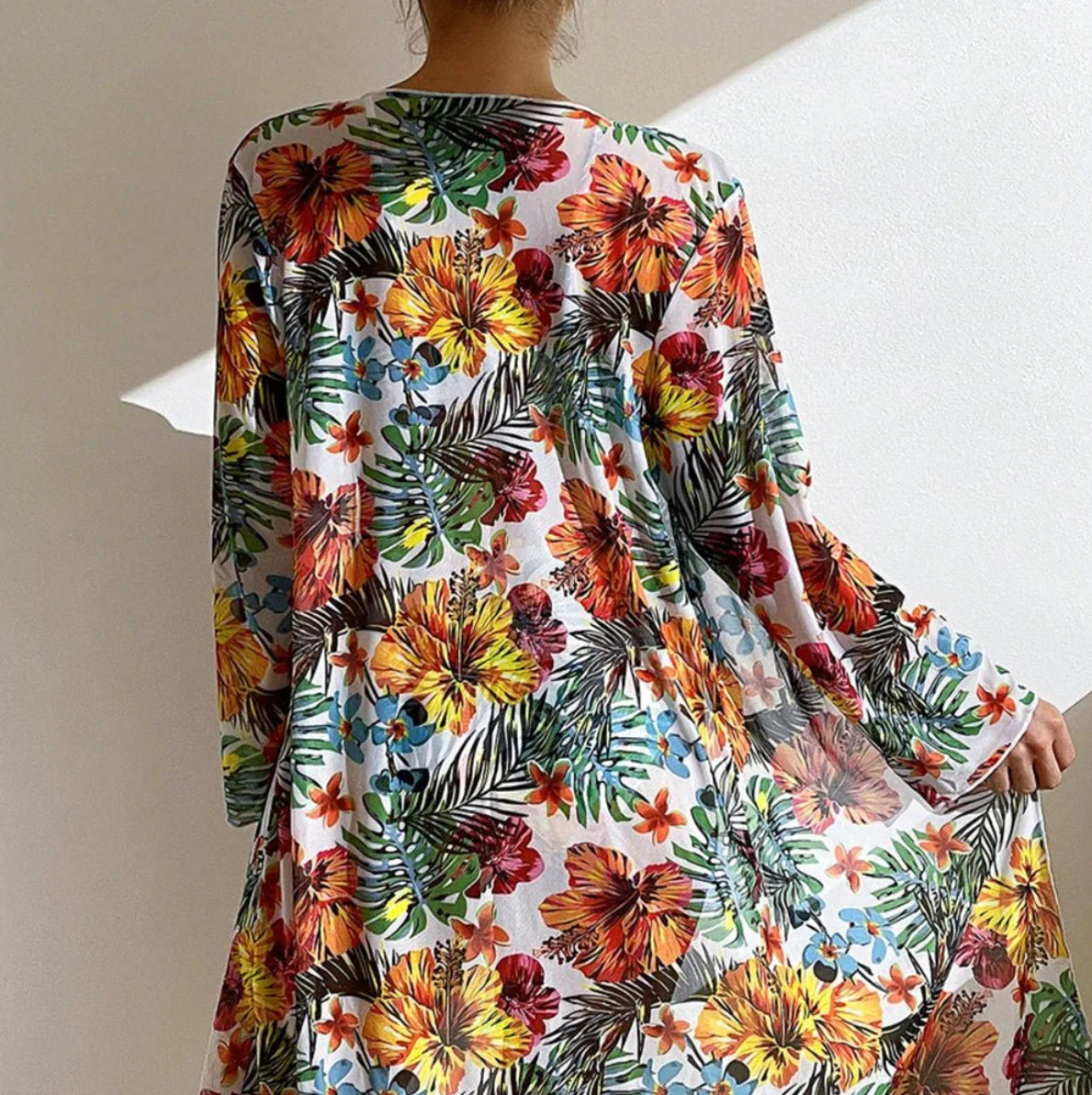 Women's Tropical Cut-Out Swimsuit – 3-Piece Boho Set, Satin Fabric, V-Neck, Maxi Length