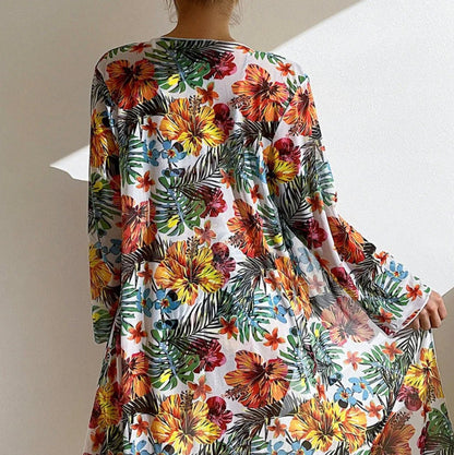 Women's Tropical Cut-Out Swimsuit – 3-Piece Boho Set, Satin Fabric, V-Neck, Maxi Length