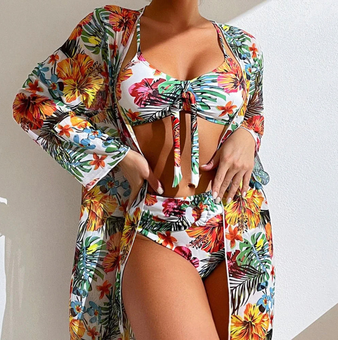 Maillot de Bain Femme Tropical à Découpe – Ensemble 3 Pièces Boho, Tissu Satiné, Col en V, Longueur Maxi