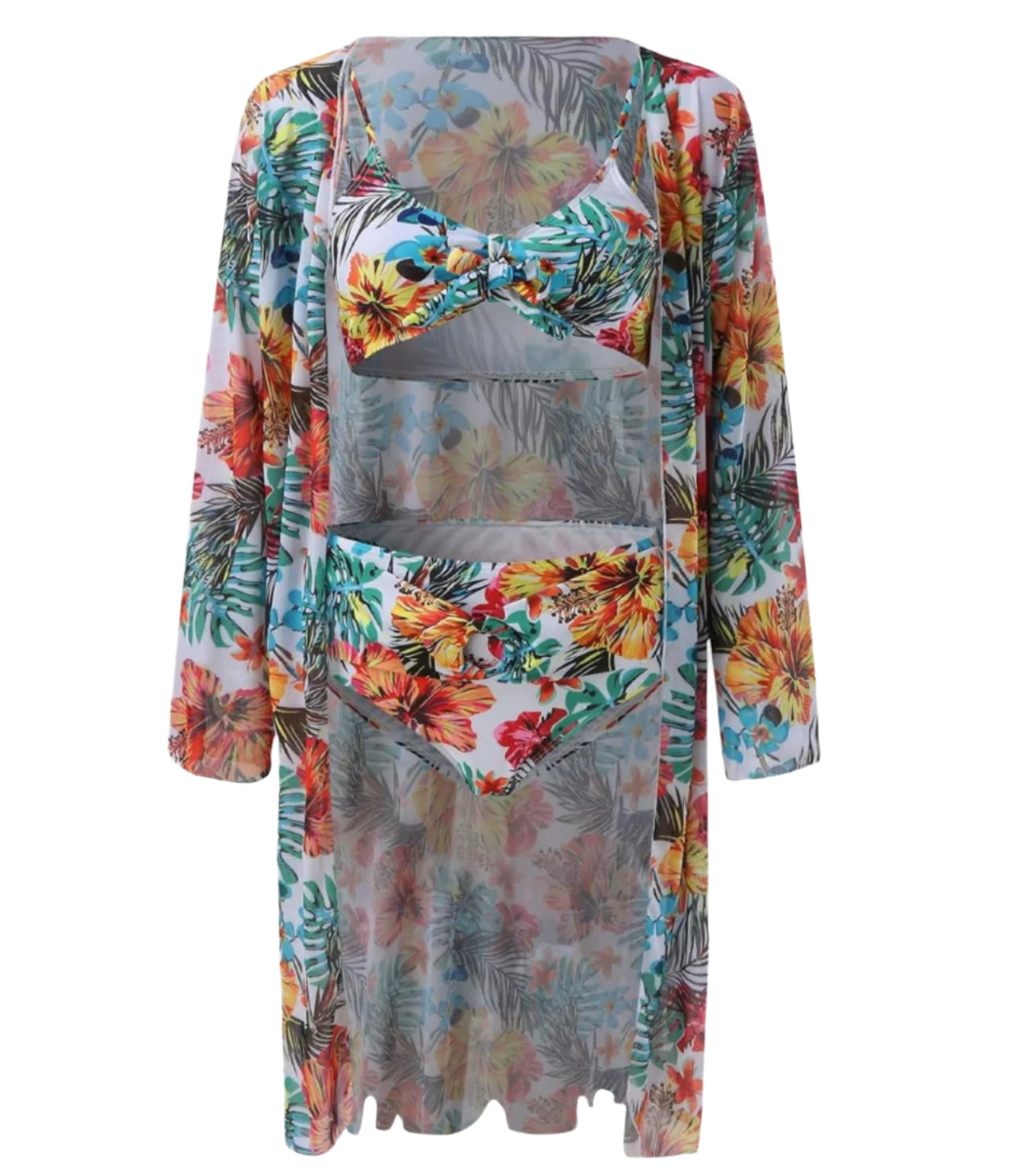 Women's Tropical Cut-Out Swimsuit – 3-Piece Boho Set, Satin Fabric, V-Neck, Maxi Length