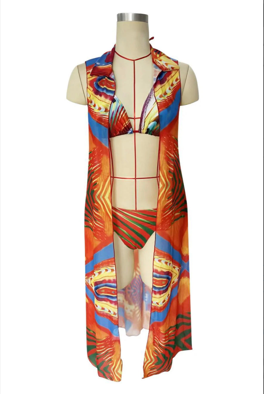 Ensemble de Bikini Imprimé en Trois Pièces pour Femme – Maillot de Bain Boho Élégant et Coloré, Tissu Sèche Rapide, Tailles S à XL