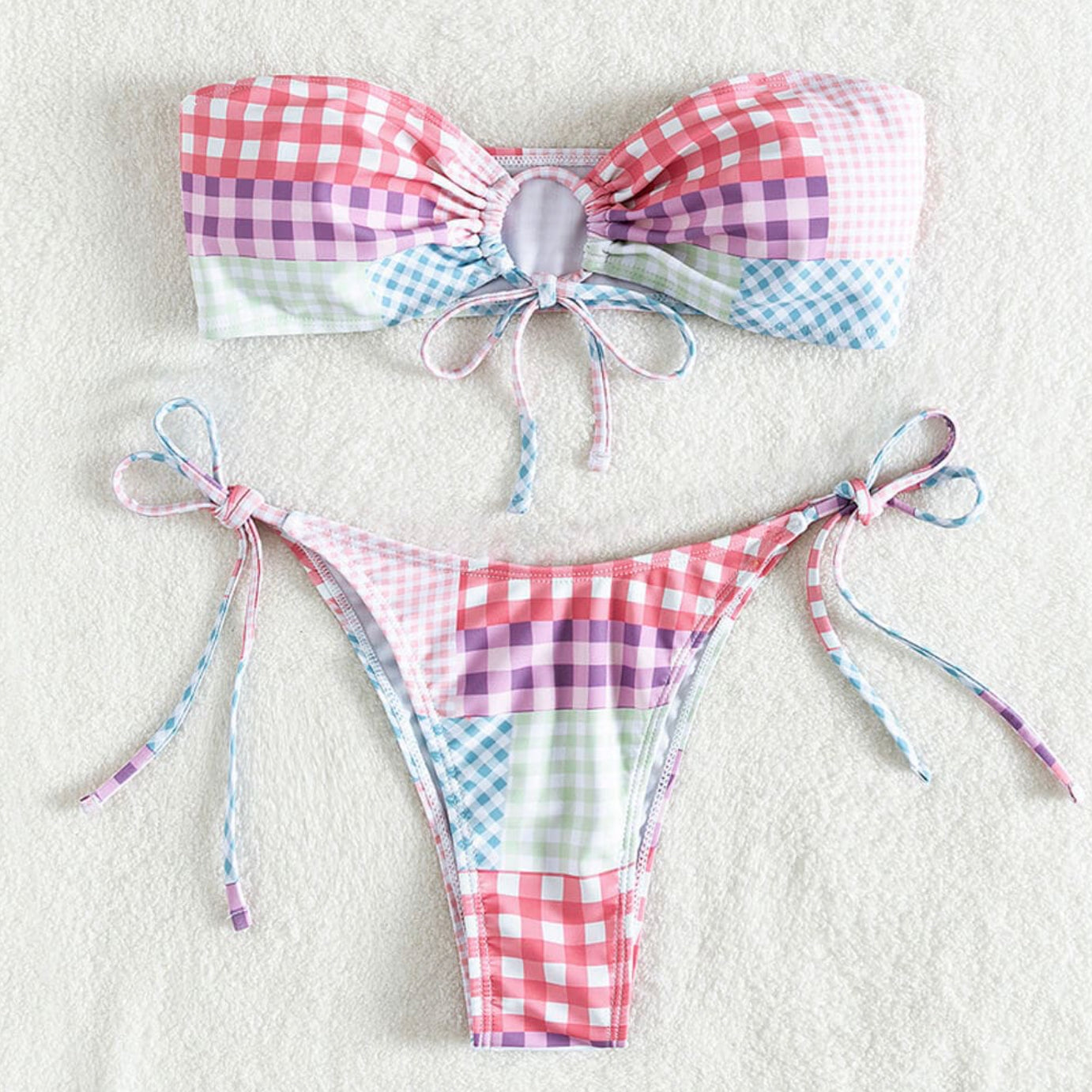 Bikini Femme Tube à Carreaux Boho Sans Bretelles – Maillot de Bain Confortable pour Été