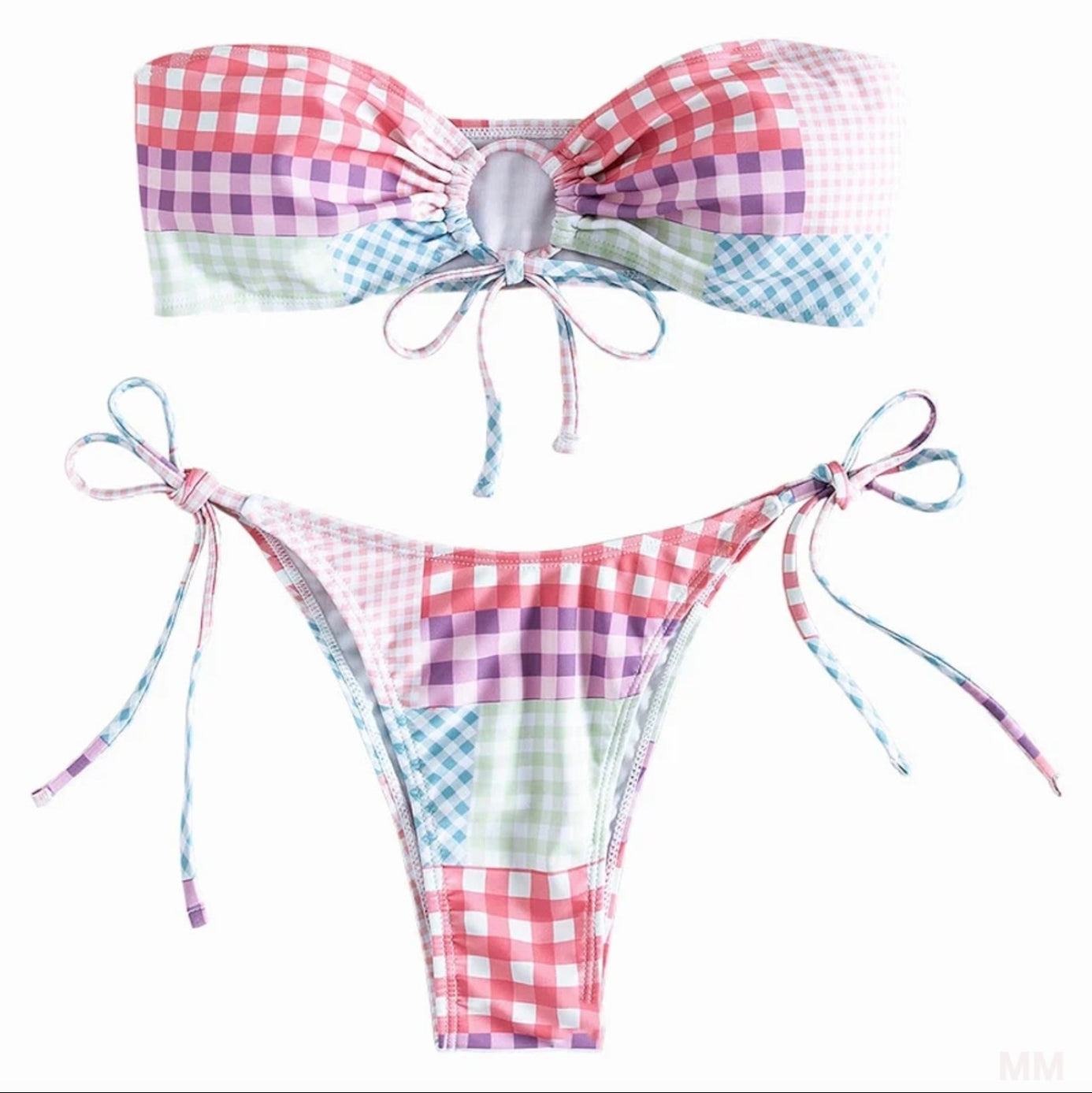 Bikini Femme Tube à Carreaux Boho Sans Bretelles – Maillot de Bain Confortable pour Été