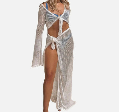 Elegant Two-Piece Women's Swimsuit in Blue with Slit Skirt – Lightweight and Comfortable Fabric, Ideal for the Beach