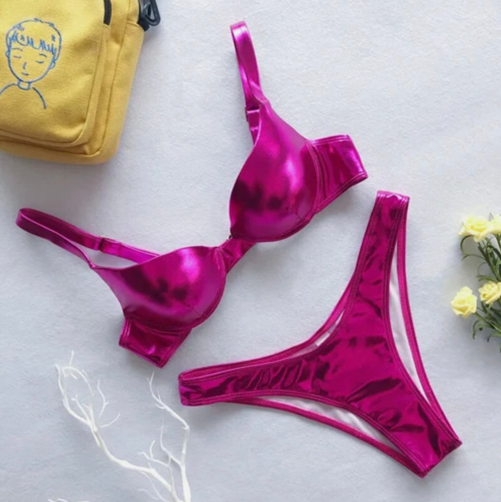 Bikini Femme en Cuir Synthétique Métallique - Maillot de Bain Boho Chic pour Plage et Piscine