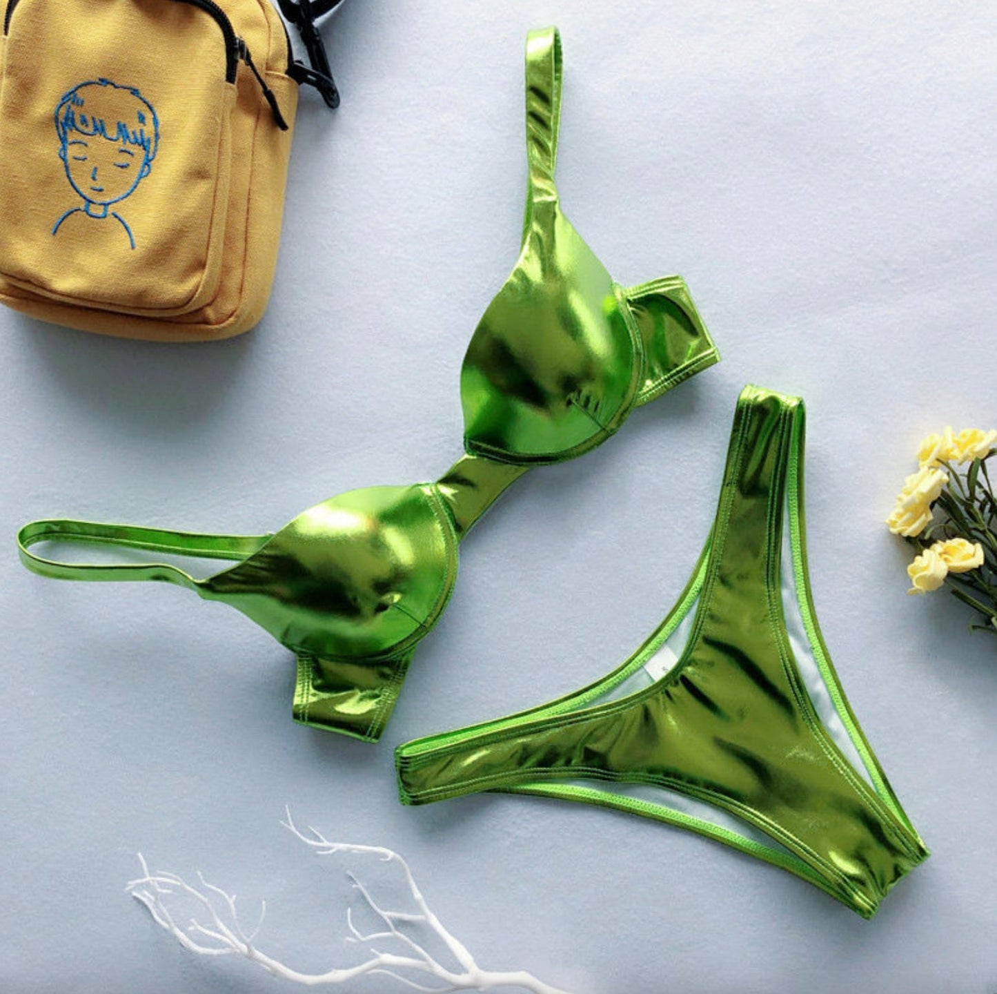 Women's Bikini in Metallic Synthetic Leather - Boho Chic Swimsuit for Beach and Pool