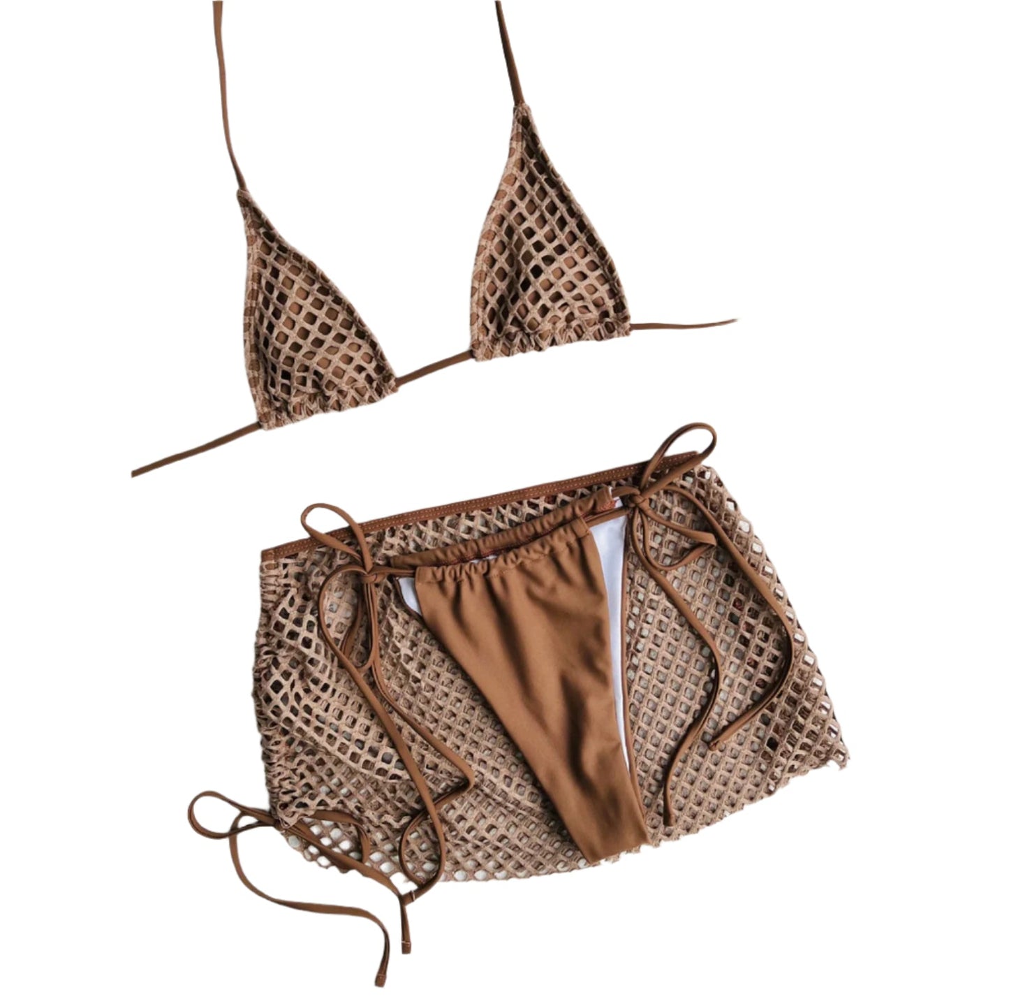 Women's Three-Piece Triangle Cup Bikini – Elegant Boho Solid Color Swimsuit, S, M, L, XL