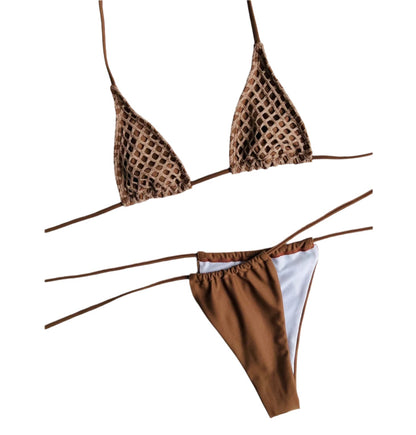 Women's Three-Piece Triangle Cup Bikini – Elegant Boho Solid Color Swimsuit, S, M, L, XL