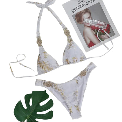 Women's Triangle Bikini with Snake Pattern – High Cut Swimsuit with Crystal Accessories