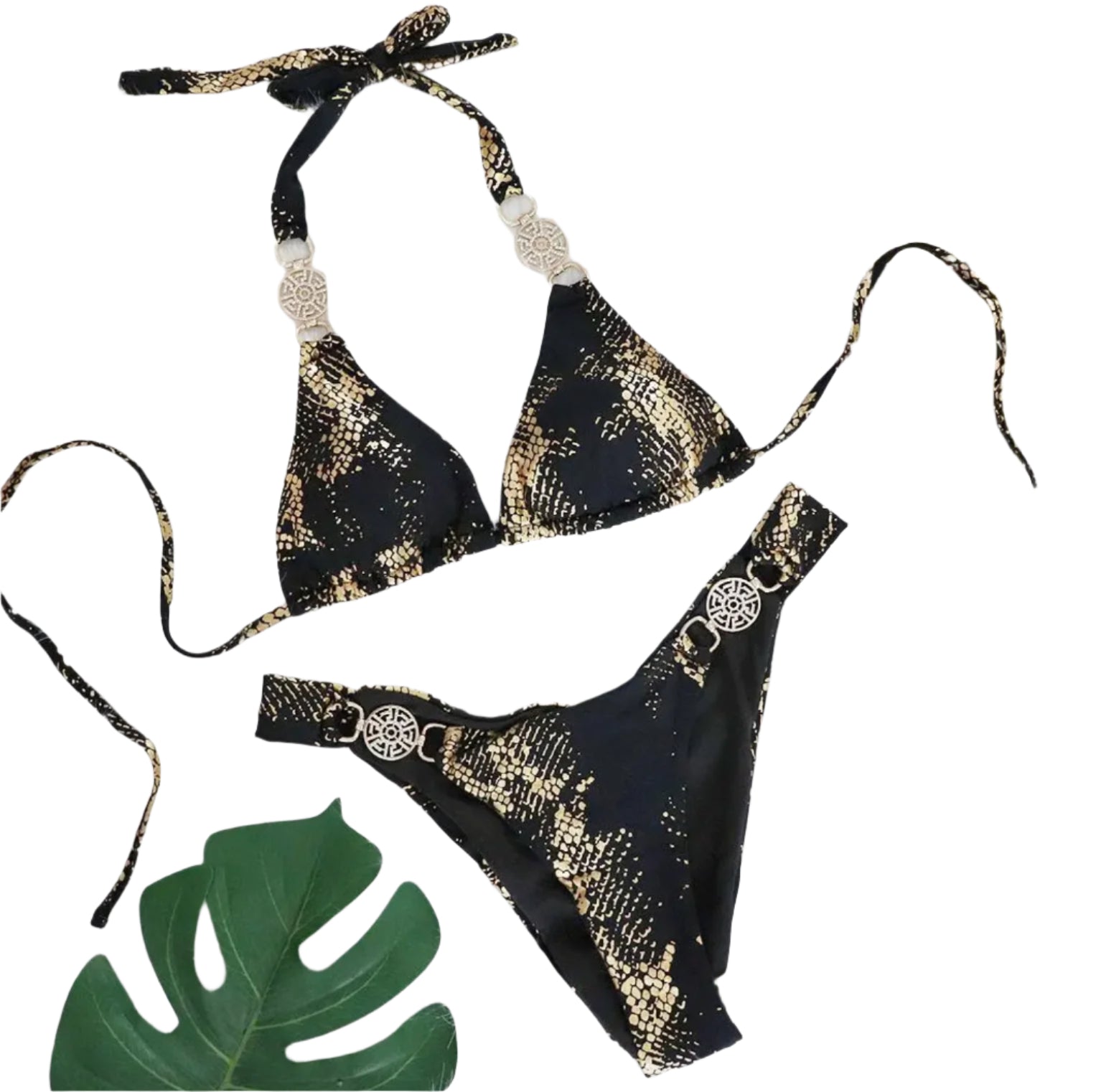Bikini Triangle Femme à Motif de Serpent – Maillot de Bain Haute Coupe avec Accessoires en Cristal