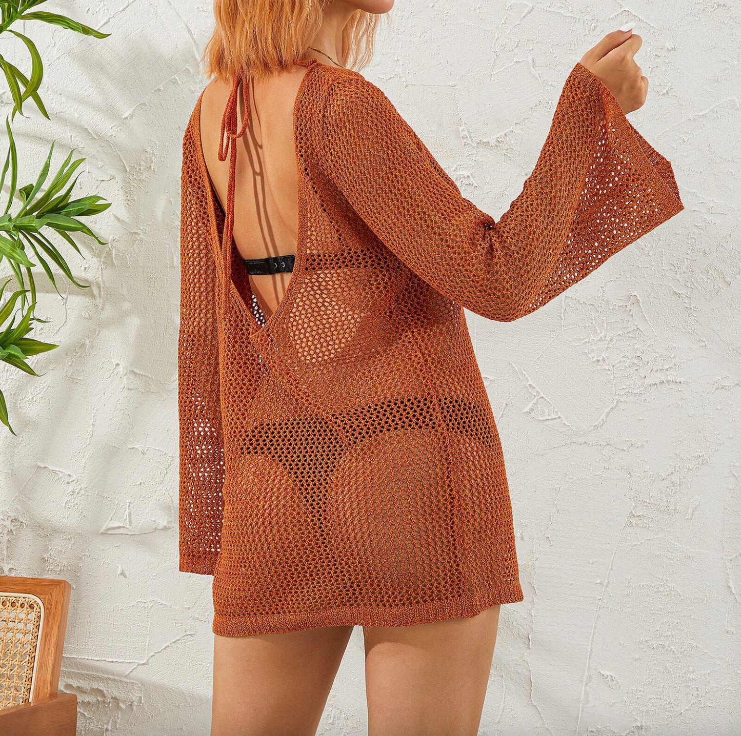 Women's Backless Beach Dress in Polyester Jersey with Wing Sleeves – Boho Elegance for Beach Outfit