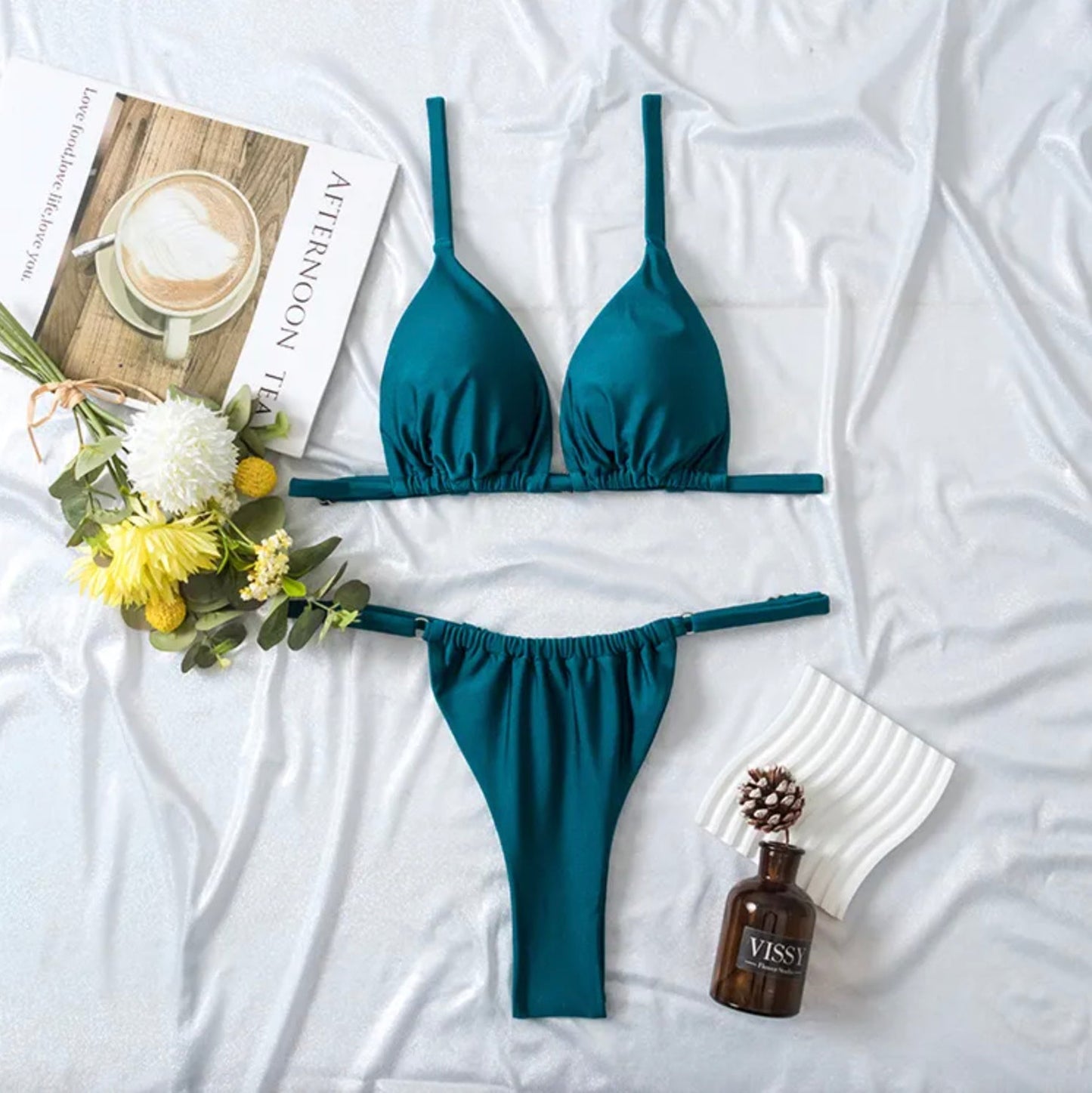 Women's High Waist Pleated Swimsuit in Double-Sided Fabric – Elegant Boho Style for Summer