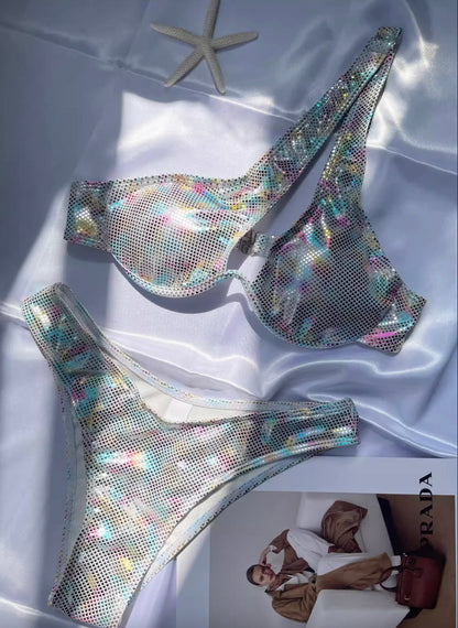 Women's High Cup One-Shoulder Bikini with Shiny Ring Detail – Chic and Glamorous Swimsuit