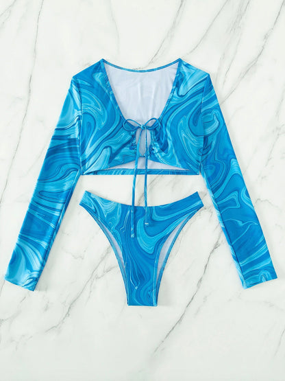 Long Sleeve Printed Tied Swirl Beach Bikini for Women – Chic Two-Piece Boho Swimsuit