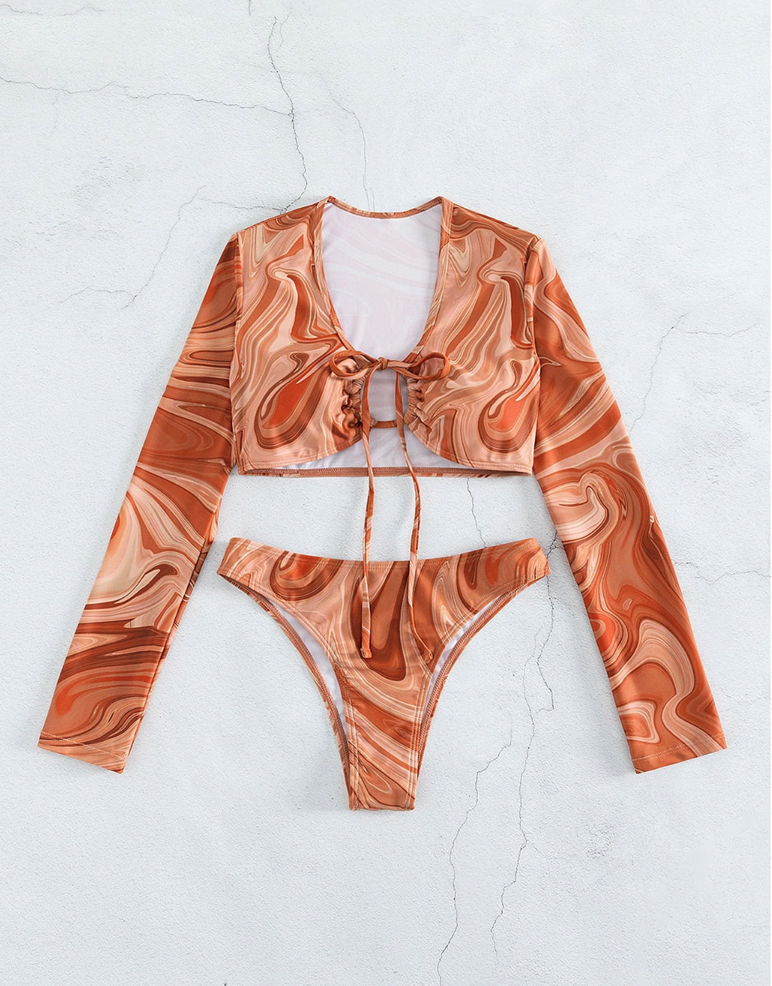 Long Sleeve Printed Tied Swirl Beach Bikini for Women – Chic Two-Piece Boho Swimsuit