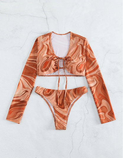 Long Sleeve Printed Tied Swirl Beach Bikini for Women – Chic Two-Piece Boho Swimsuit