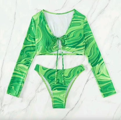 Long Sleeve Printed Tied Swirl Beach Bikini for Women – Chic Two-Piece Boho Swimsuit