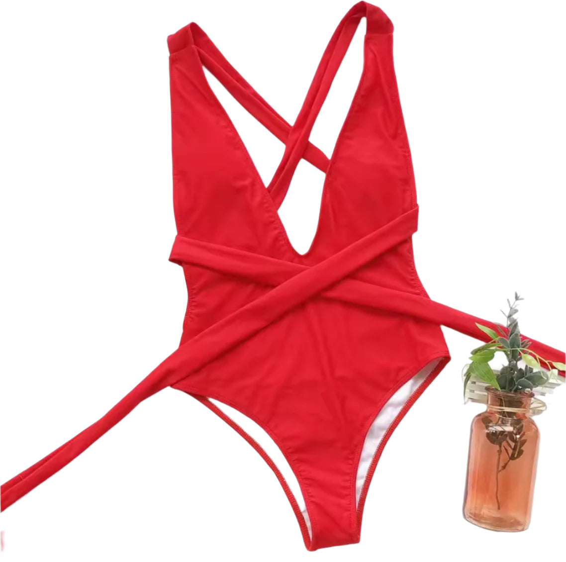 Women's One-Piece Swimsuit with Deep Lace-Up – Boho Chic Style, Plunging Neckline, Wrap Design