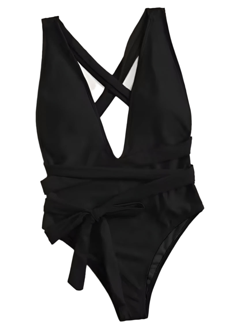 Women's One-Piece Swimsuit with Deep Lace-Up – Boho Chic Style, Plunging Neckline, Wrap Design