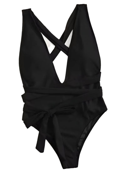 Women's One-Piece Swimsuit with Deep Lace-Up – Boho Chic Style, Plunging Neckline, Wrap Design