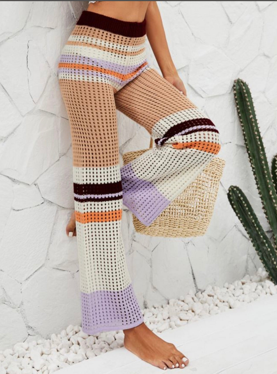 Women's Flare Knit Bohemian Pants – High Waist, Optimal Comfort, Colorful Striped Pattern