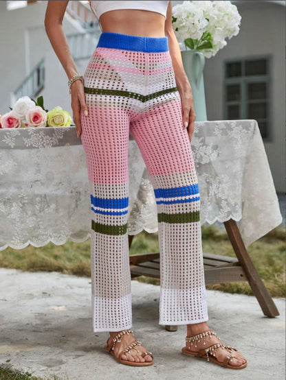 Women's Flare Knit Bohemian Pants – High Waist, Optimal Comfort, Colorful Striped Pattern