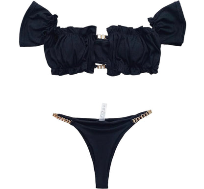 Women's Off-Shoulder Bikini with Hollow Details and Ruffle Accents – Elegant Swimsuit for Summer