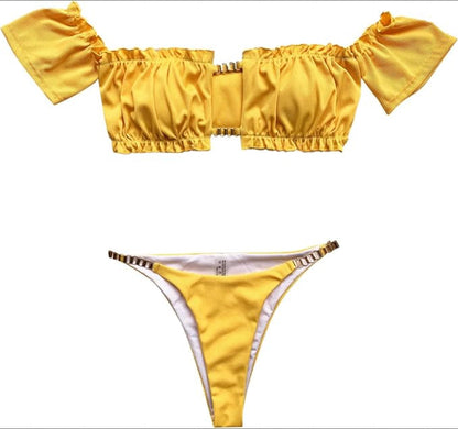 Women's Off-Shoulder Bikini with Hollow Details and Ruffle Accents – Elegant Swimsuit for Summer