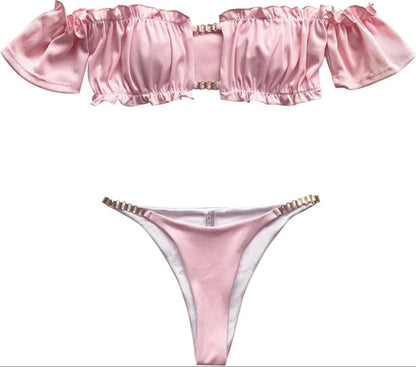 Women's Off-Shoulder Bikini with Hollow Details and Ruffle Accents – Elegant Swimsuit for Summer