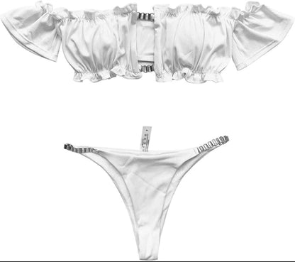 Women's Off-Shoulder Bikini with Hollow Details and Ruffle Accents – Elegant Swimsuit for Summer