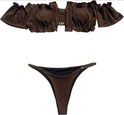 Women's Off-Shoulder Bikini with Hollow Details and Ruffle Accents – Elegant Swimsuit for Summer