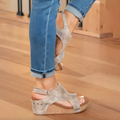 Women's Beige Wedge Sandals Size 38 Synthetic Leather