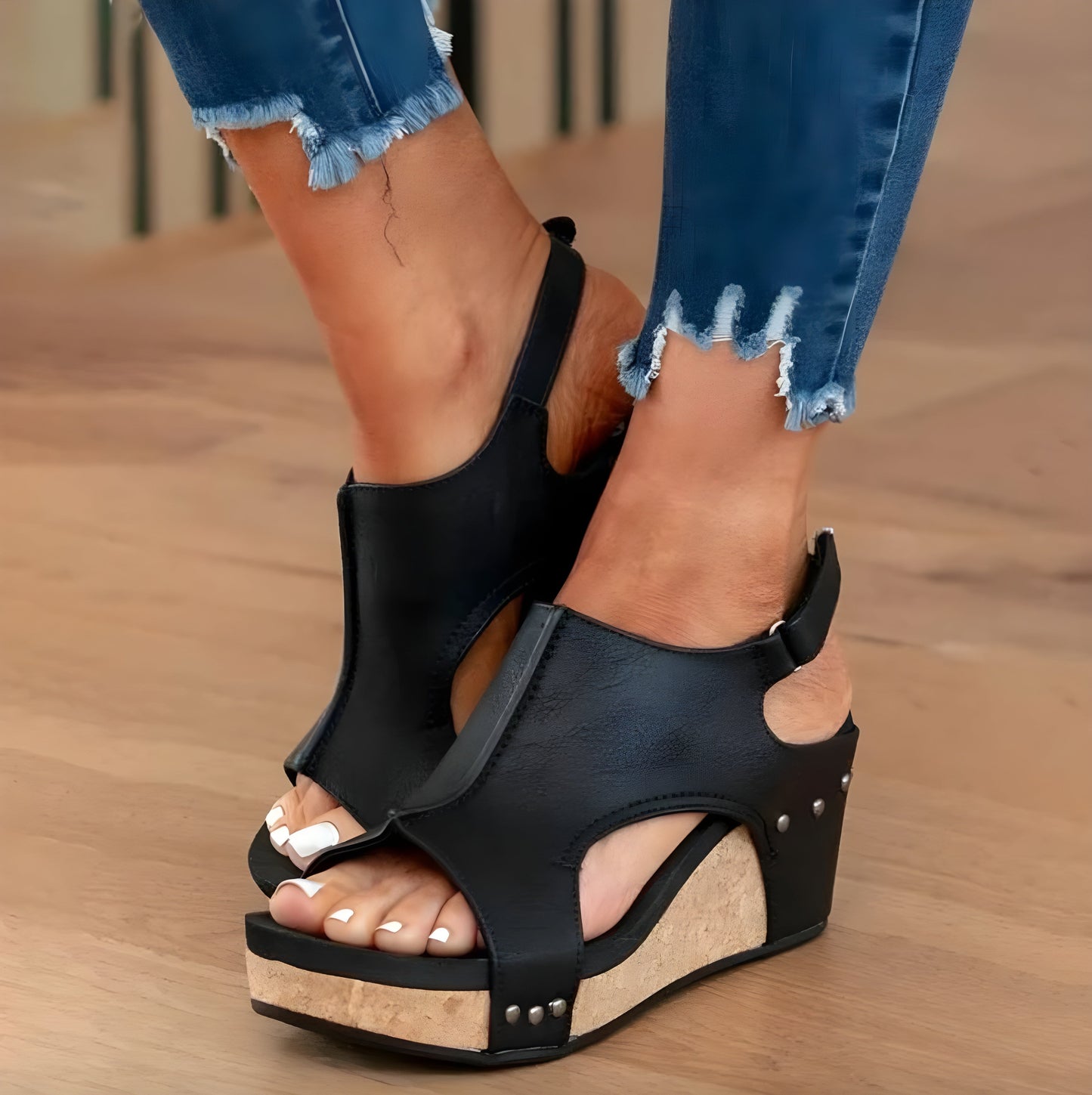 Women's Beige Wedge Sandals Size 38 Synthetic Leather