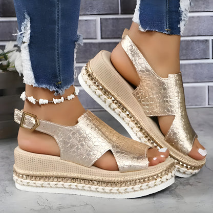 Women's Metallic Gold Sandals Size 38 PU Leather Wedge